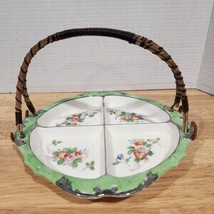 Vintage Japanese Moriyama Hand Painted 4 Section Divided Dish Wicker Handle 9.5"